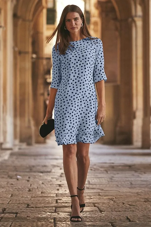 Sosandar Dresses Women Blue and Black Spot Print Ruffle Hem Shift Dress Blue Black