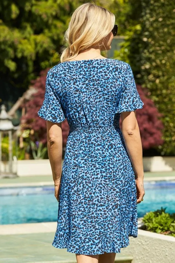 Sosandar Dresses Women Blue Leopard Print Angel Sleeve Wrap Dress Blue