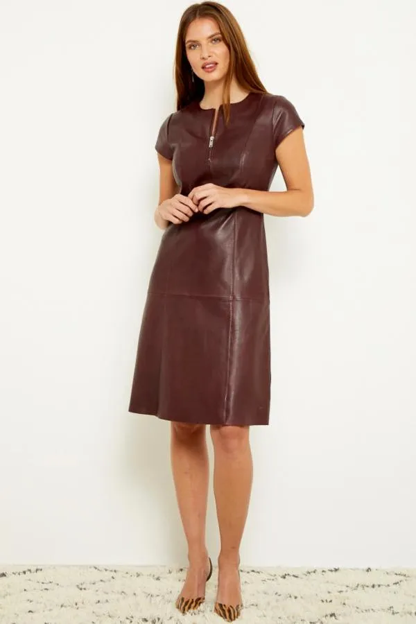 Sosandar Dresses Women Burgundy Luxury Leather Zip Front Fit and Flare Dress Burgundy