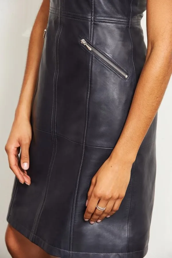 Sosandar Dresses Women Charcoal Grey Leather Zip Pocket Detail Dress Charcoal Grey