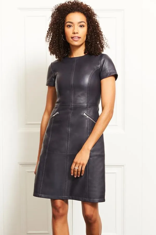 Sosandar Dresses Women Charcoal Grey Leather Zip Pocket Detail Dress Charcoal Grey