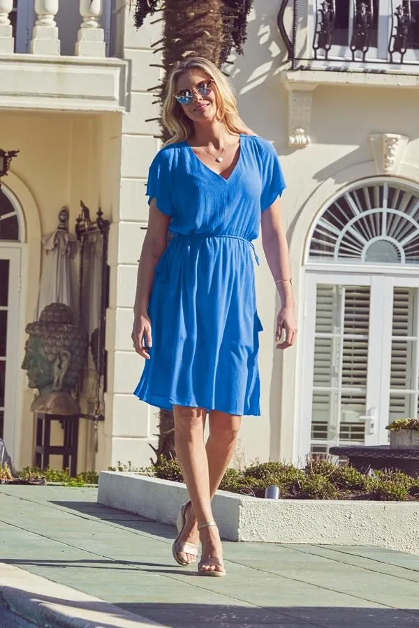 Sosandar Dresses Women Cobalt Blue Split Detail Tie Waist Dress Cobalt Blue