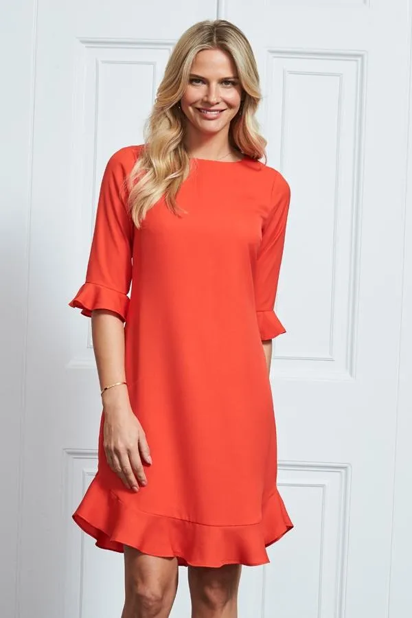 Sosandar Dresses Women Coral Red Ruffle Hem Shift Dress Coral Red