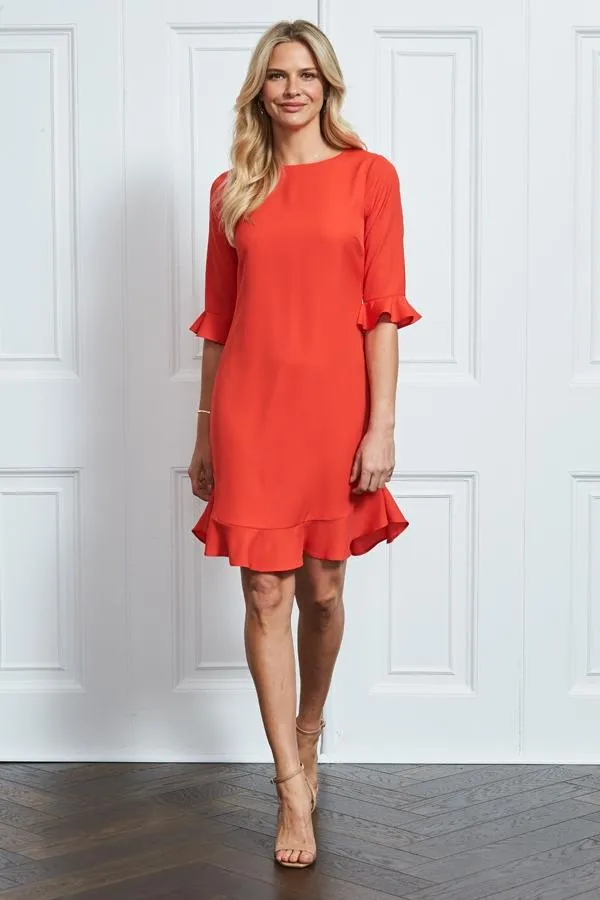 Sosandar Dresses Women Coral Red Ruffle Hem Shift Dress Coral Red