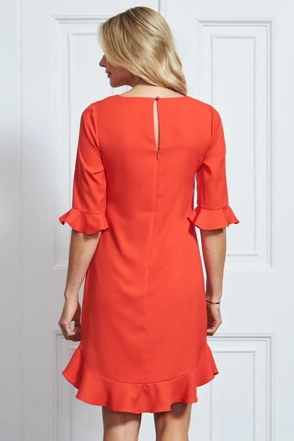 Sosandar Dresses Women Coral Red Ruffle Hem Shift Dress Coral Red