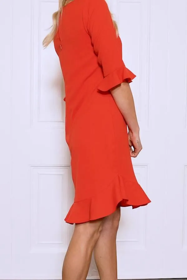 Sosandar Dresses Women Coral Red Ruffle Hem Shift Dress Coral Red