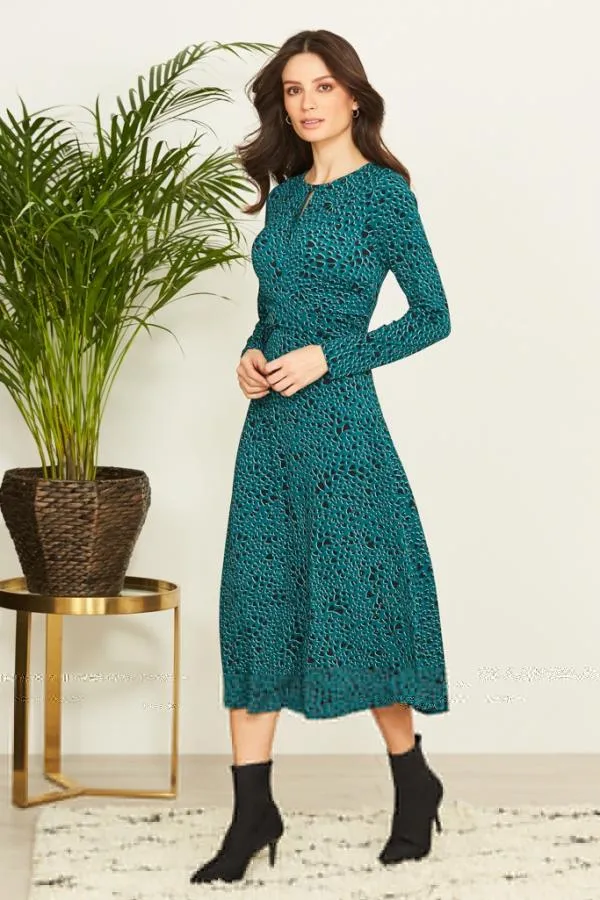 Sosandar Dresses Women Dark Aqua Heart Print Twist Front Slinky Dress