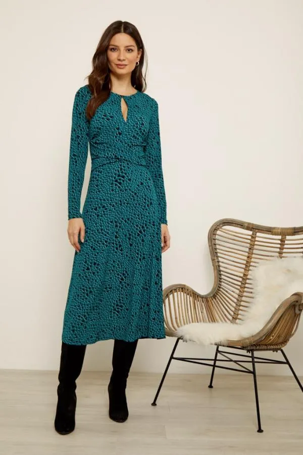 Sosandar Dresses Women Dark Aqua Heart Print Twist Front Slinky Dress
