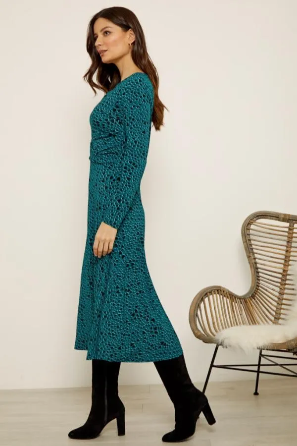 Sosandar Dresses Women Dark Aqua Heart Print Twist Front Slinky Dress