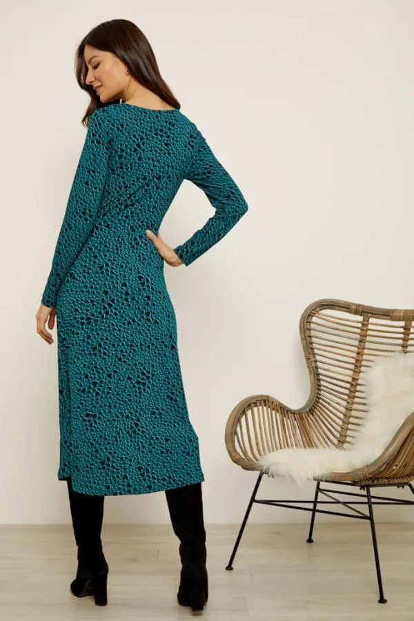 Sosandar Dresses Women Dark Aqua Heart Print Twist Front Slinky Dress