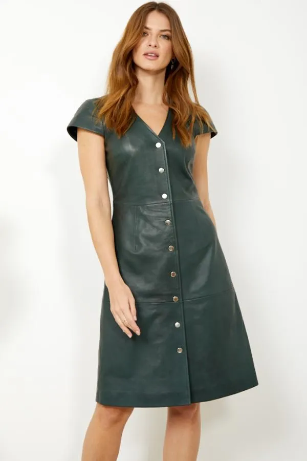 Sosandar Dresses Women Dark Green Leather V Neck Popper Front Dress Dark Green