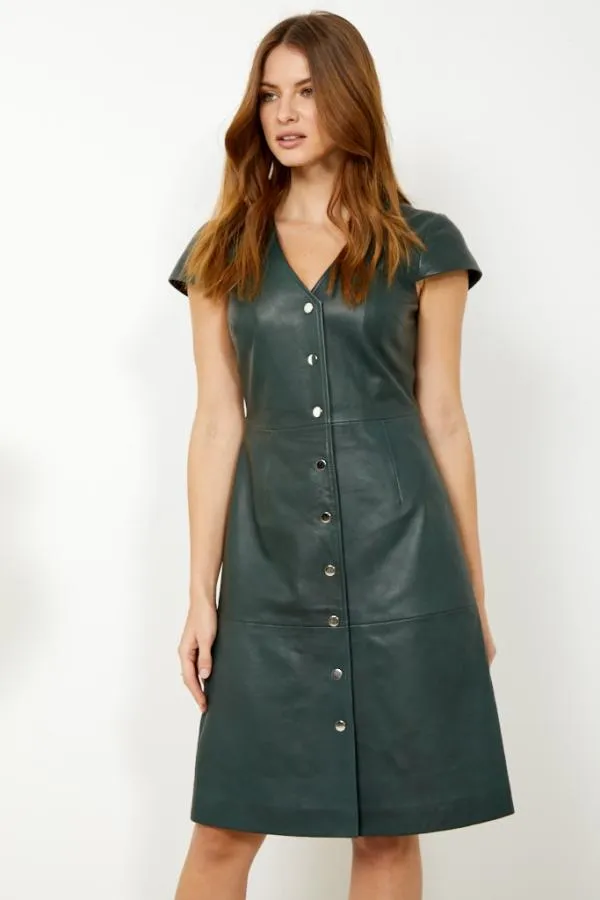 Sosandar Dresses Women Dark Green Leather V Neck Popper Front Dress Dark Green