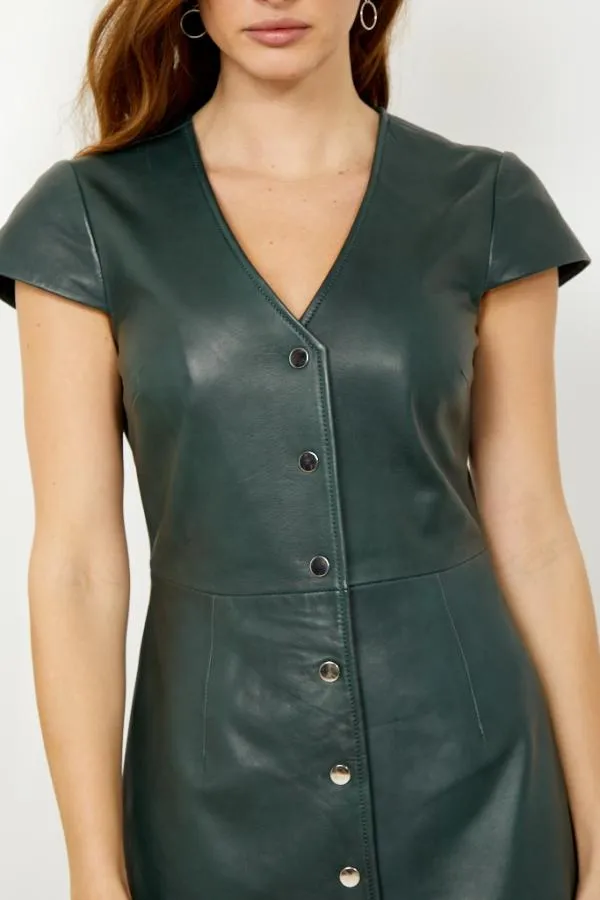 Sosandar Dresses Women Dark Green Leather V Neck Popper Front Dress Dark Green