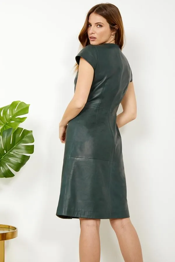 Sosandar Dresses Women Dark Green Leather V Neck Popper Front Dress Dark Green