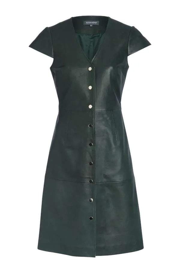 Sosandar Dresses Women Dark Green Leather V Neck Popper Front Dress Dark Green