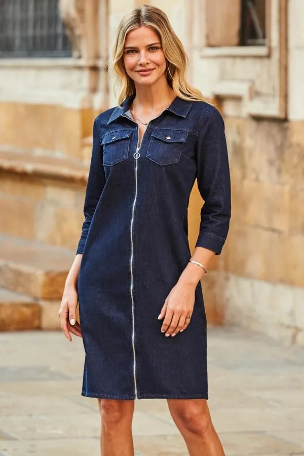 Sosandar Dresses Women Dark Indigo Blue Zip Front Denim Shift Dress Dark Indigo Blue