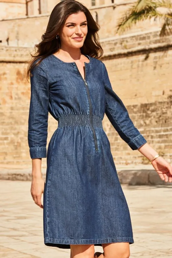 Sosandar Dresses Women Dark Indigo Zip Front Shirred Waist Denim Dress Dark Indigo Sosandar Dresses Women Dark Indigo Zip Front Shirred Waist Denim Dress Dark Indigo