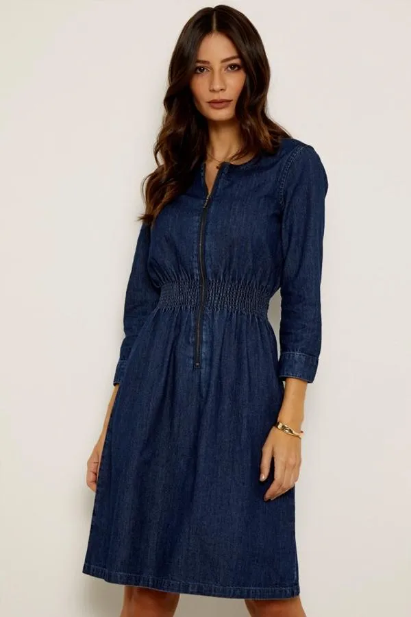Sosandar Dresses Women Dark Indigo Zip Front Shirred Waist Denim Dress Dark Indigo