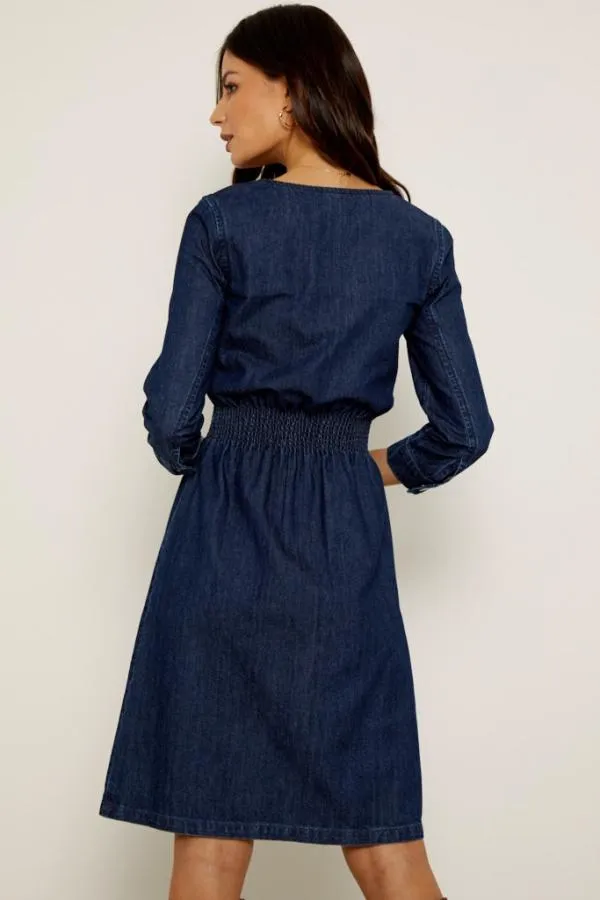 Sosandar Dresses Women Dark Indigo Zip Front Shirred Waist Denim Dress Dark Indigo