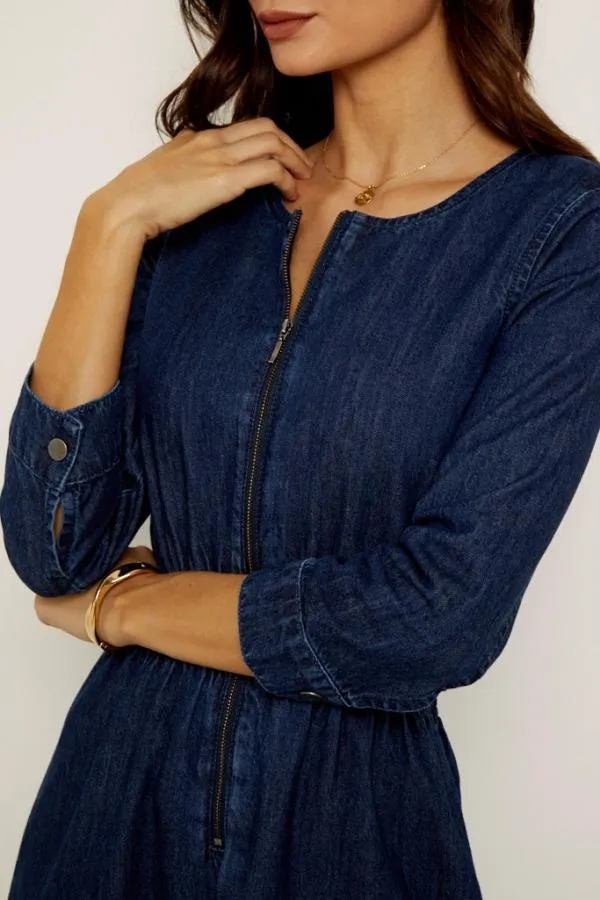 Sosandar Dresses Women Dark Indigo Zip Front Shirred Waist Denim Dress Dark Indigo