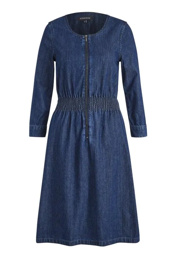 Sosandar Dresses Women Dark Indigo Zip Front Shirred Waist Denim Dress Dark Indigo