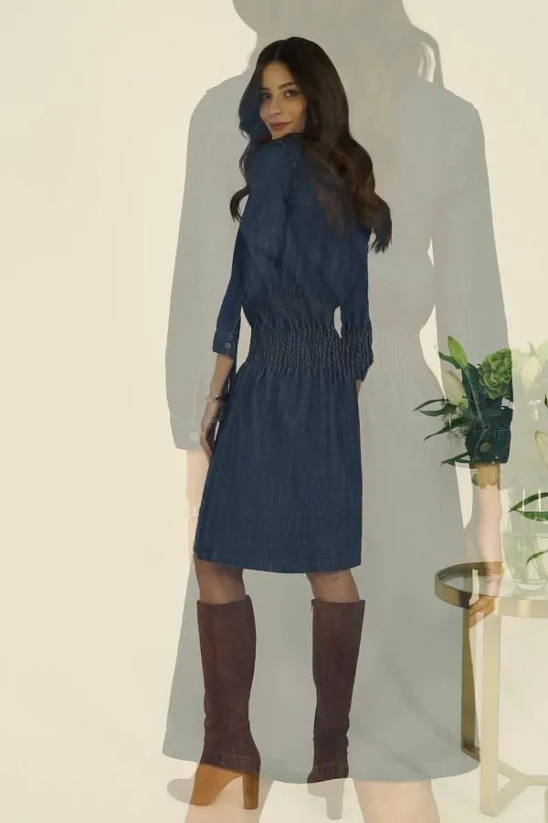 Sosandar Dresses Women Dark Indigo Zip Front Shirred Waist Denim Dress Dark Indigo