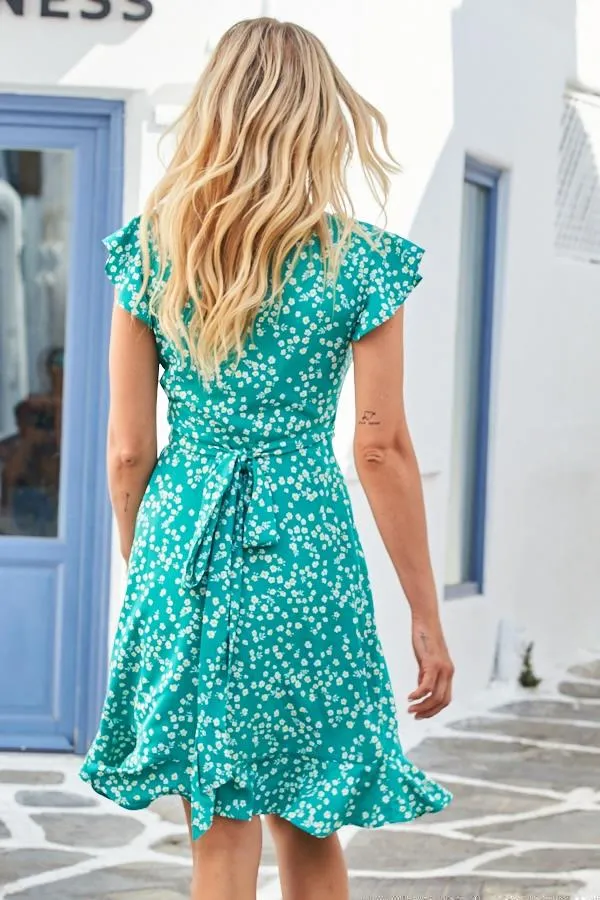 Sosandar Dresses Women Green and White Floral Print Ruffle Hem Wrap Dress Green White