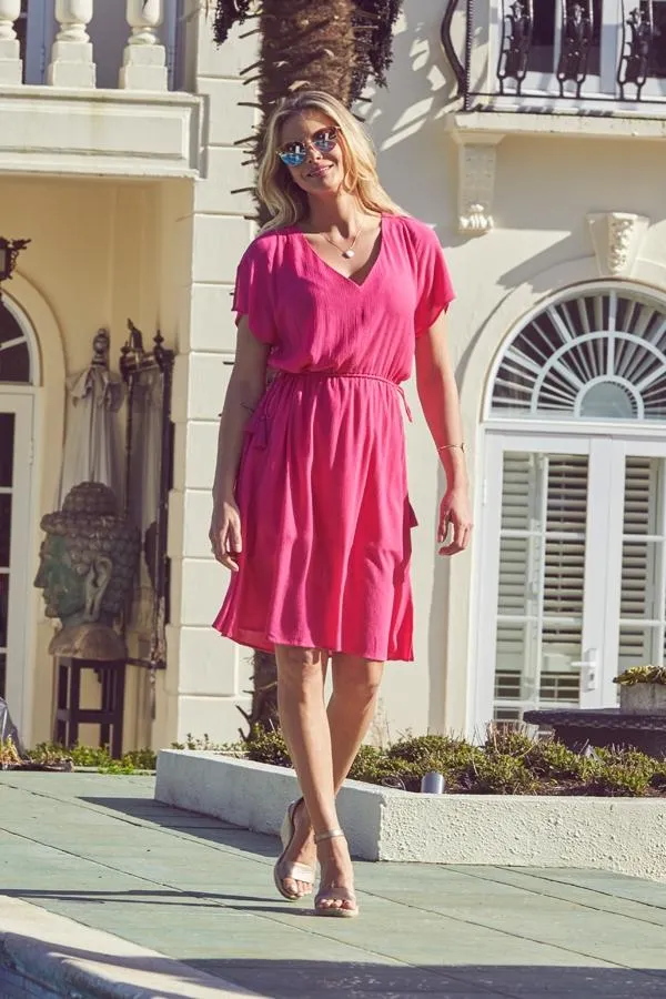 Sosandar Dresses Women Hot Pink Tie Waist Detail Summer Dress