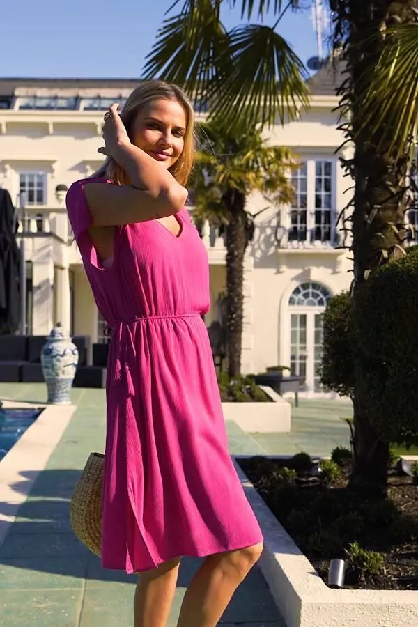 Sosandar Dresses Women Hot Pink Tie Waist Detail Summer Dress