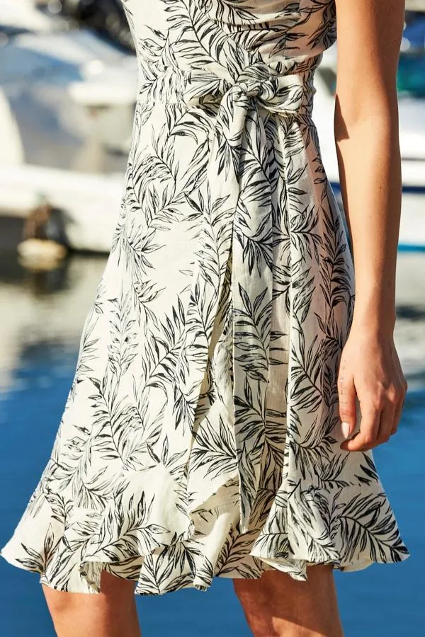Sosandar Dresses Women Ivory and Black Floral Print Linen Wrap Dress Ivory Black