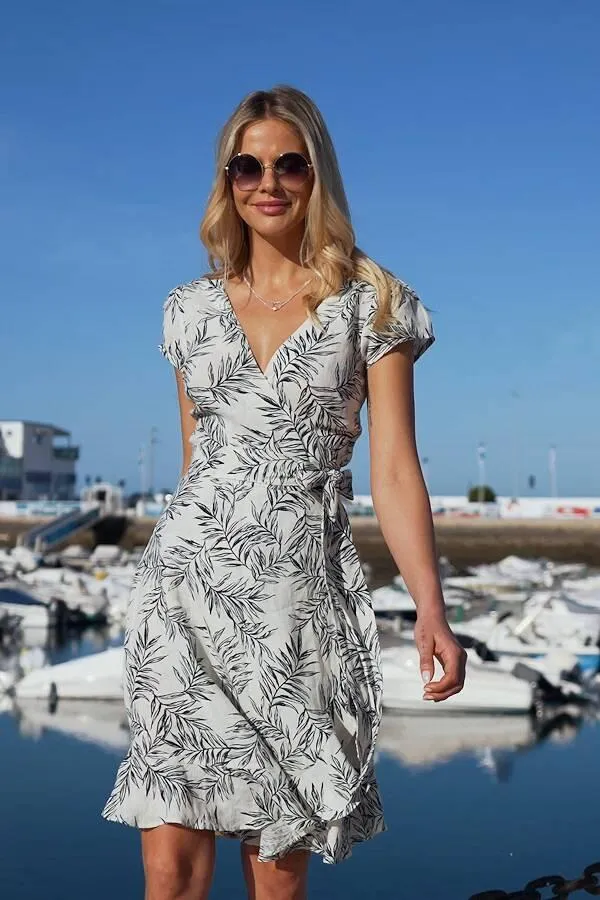 Sosandar Dresses Women Ivory and Black Floral Print Linen Wrap Dress Ivory Black