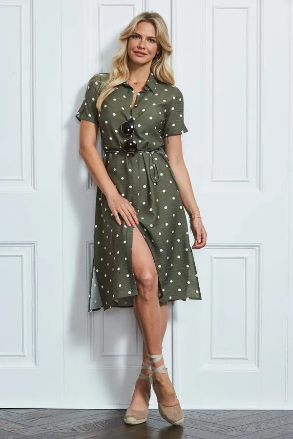 Sosandar Dresses Women Khaki Spot Print Short Sleeve Tie Waist Shirt Dress Khaki