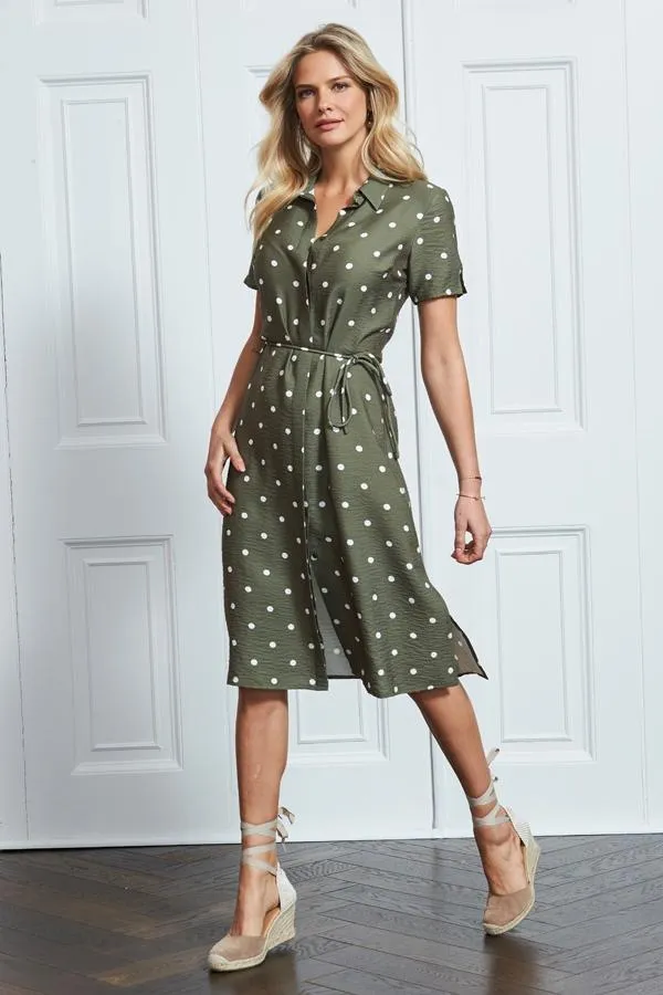 Sosandar Dresses Women Khaki Spot Print Short Sleeve Tie Waist Shirt Dress Khaki