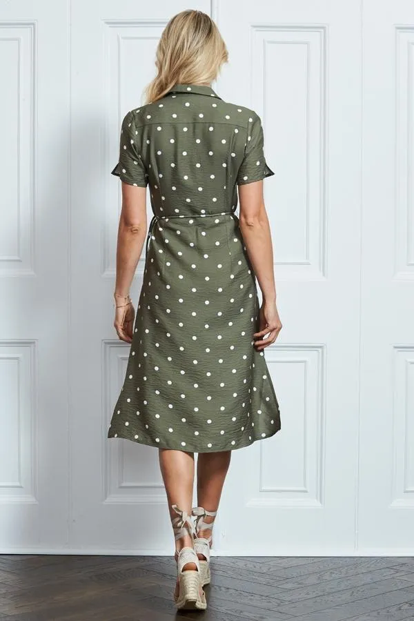 Sosandar Dresses Women Khaki Spot Print Short Sleeve Tie Waist Shirt Dress Khaki
