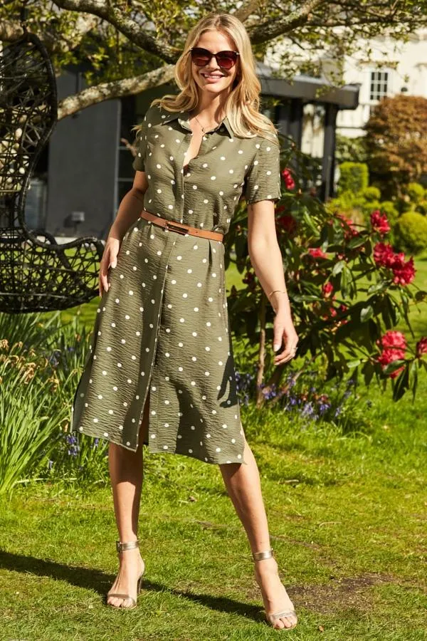 Sosandar Dresses Women Khaki Spot Print Short Sleeve Tie Waist Shirt Dress Khaki