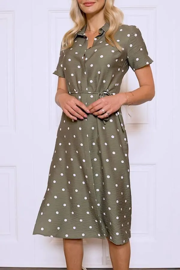 Sosandar Dresses Women Khaki Spot Print Short Sleeve Tie Waist Shirt Dress Khaki