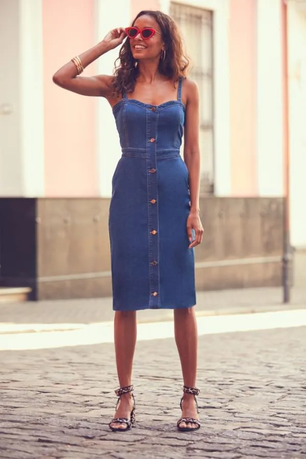 Sosandar Dresses Women Mid Blue Button Front Midi Denim Dress Mid Blue