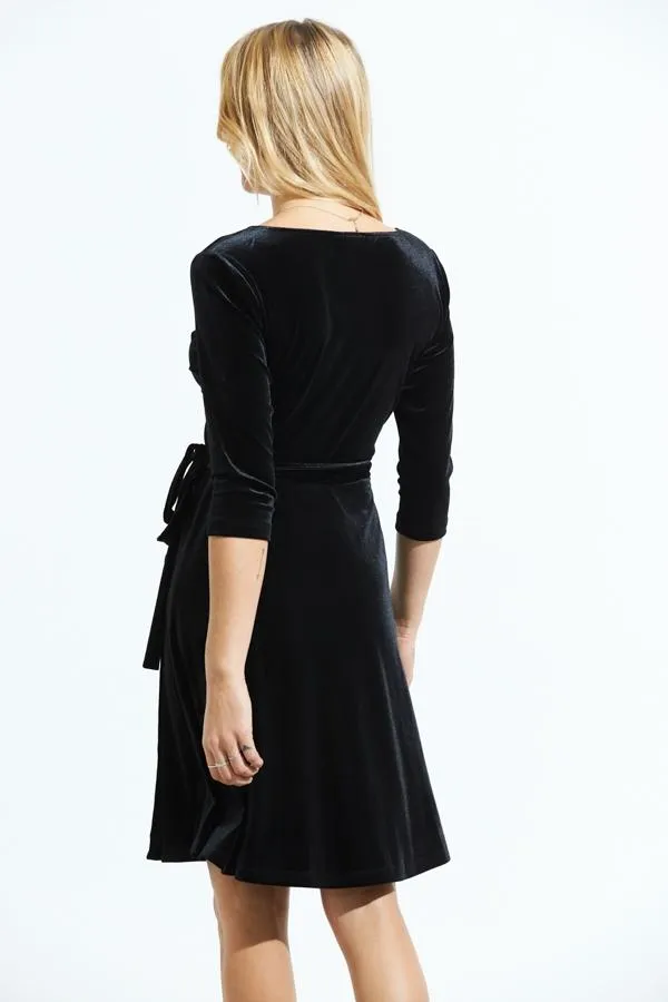 Sosandar Dresses Women Midnight Black Luxe Velvet Relaxed Fit Wrap Dress Black