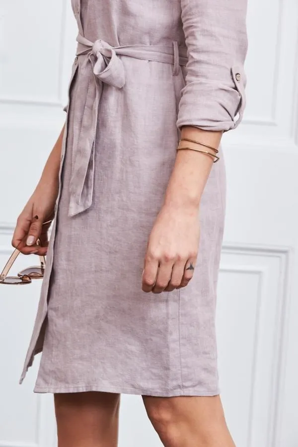 Sosandar Dresses Women Natural Linen Belted Shirt Dress