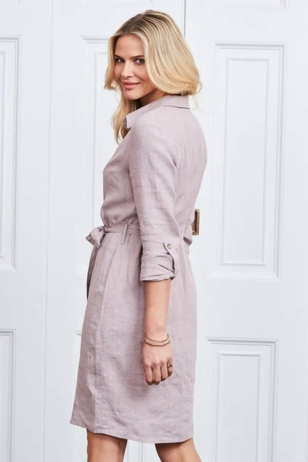 Sosandar Dresses Women Natural Linen Belted Shirt Dress