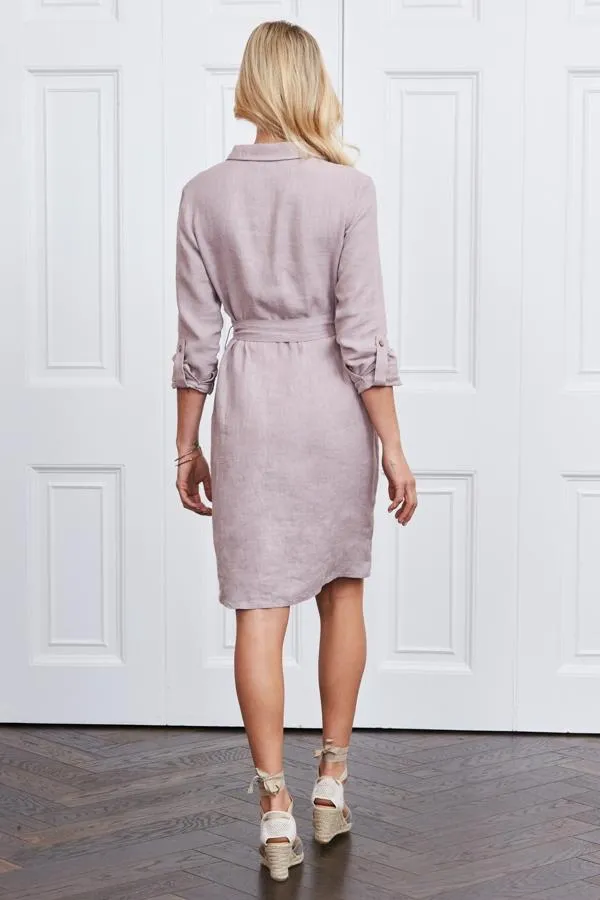 Sosandar Dresses Women Natural Linen Belted Shirt Dress
