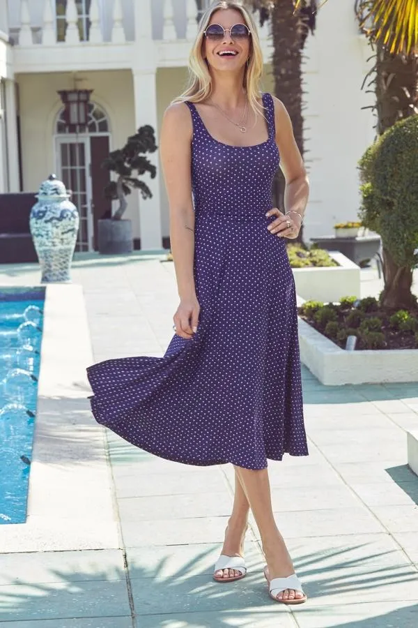 Sosandar Dresses Women Navy Blue Mini Palm Print Open Back Fit and Flare Dress Navy Blue Sosandar Dresses Women Navy Blue Mini Palm Print Open Back Fit and Flare Dress Navy Blue