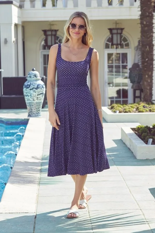 Sosandar Dresses Women Navy Blue Mini Palm Print Open Back Fit and Flare Dress Navy Blue