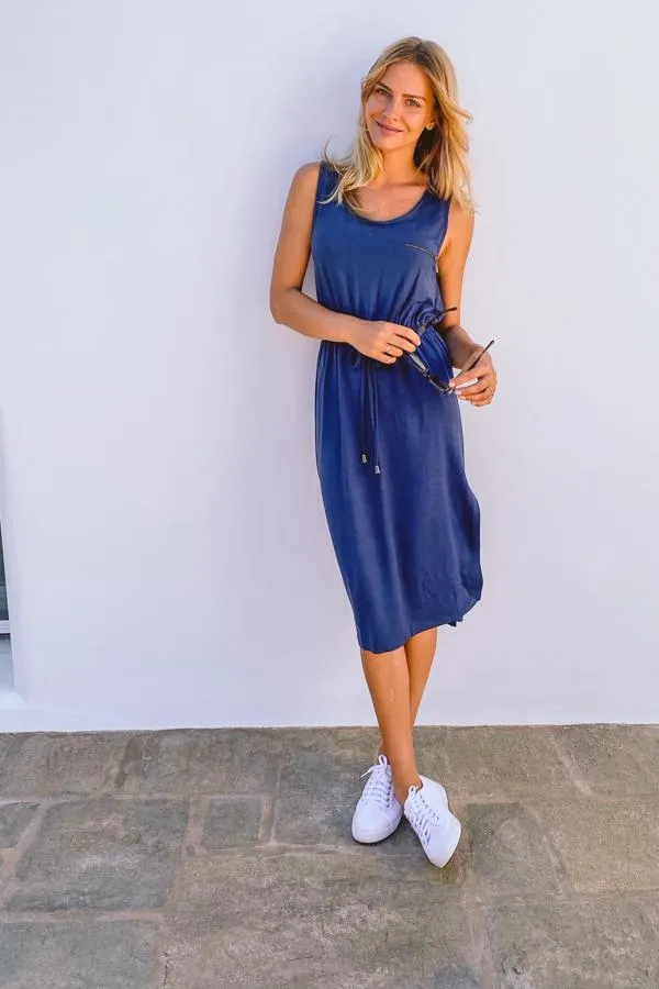Sosandar Dresses Women Navy Blue Zip Detail Drawstring Waist Jersey Dress Navy Blue
