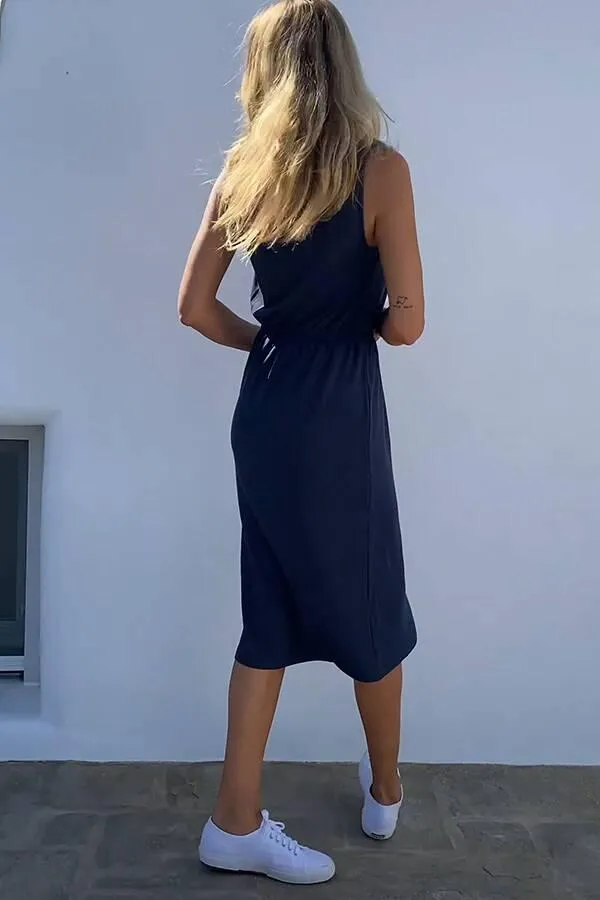 Sosandar Dresses Women Navy Blue Zip Detail Drawstring Waist Jersey Dress Navy Blue
