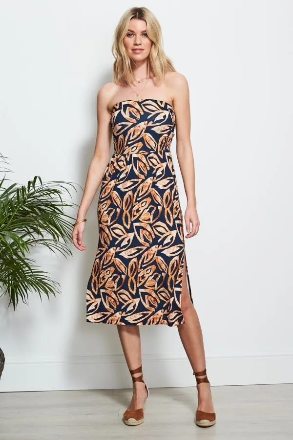 Sosandar Dresses Women Navy Leaf Print Jersey Bandeau Dress Navy