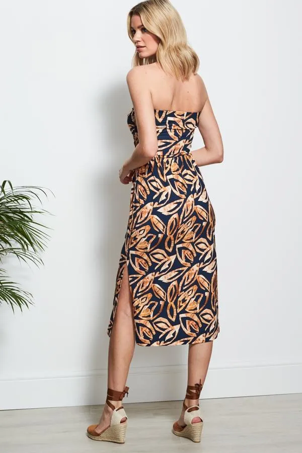 Sosandar Dresses Women Navy Leaf Print Jersey Bandeau Dress Navy