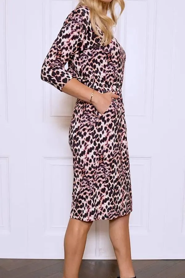 Sosandar Dresses Women Pink and Black Animal Print Stretch Waist Dress With Pockets Pink Black