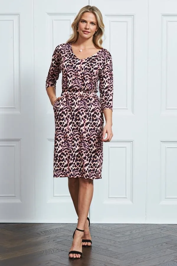 Sosandar Dresses Women Pink and Black Animal Print Stretch Waist Dress With Pockets Pink Black