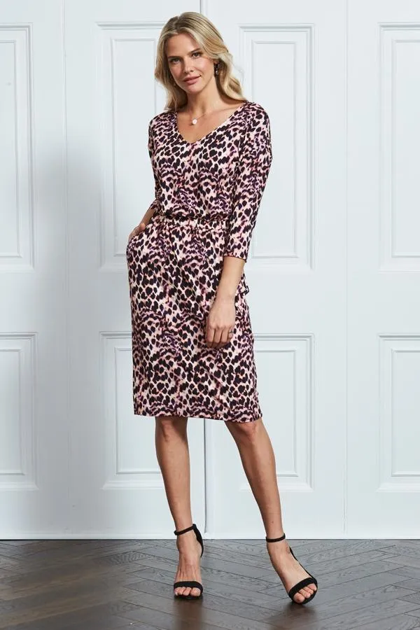 Sosandar Dresses Women Pink and Black Animal Print Stretch Waist Dress With Pockets Pink Black